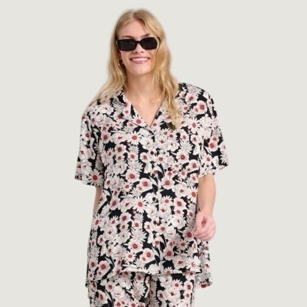 Funky Buddha Floral Print Short Sleeve Blouse Top Viscose Size XS Oversized Boxy